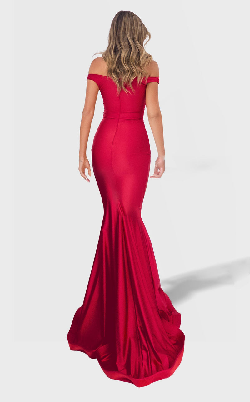 Jessica Angel JA2768 Off-Shoulder V-Neck Fitted Prom Formal Floor-Length Satin Dress
