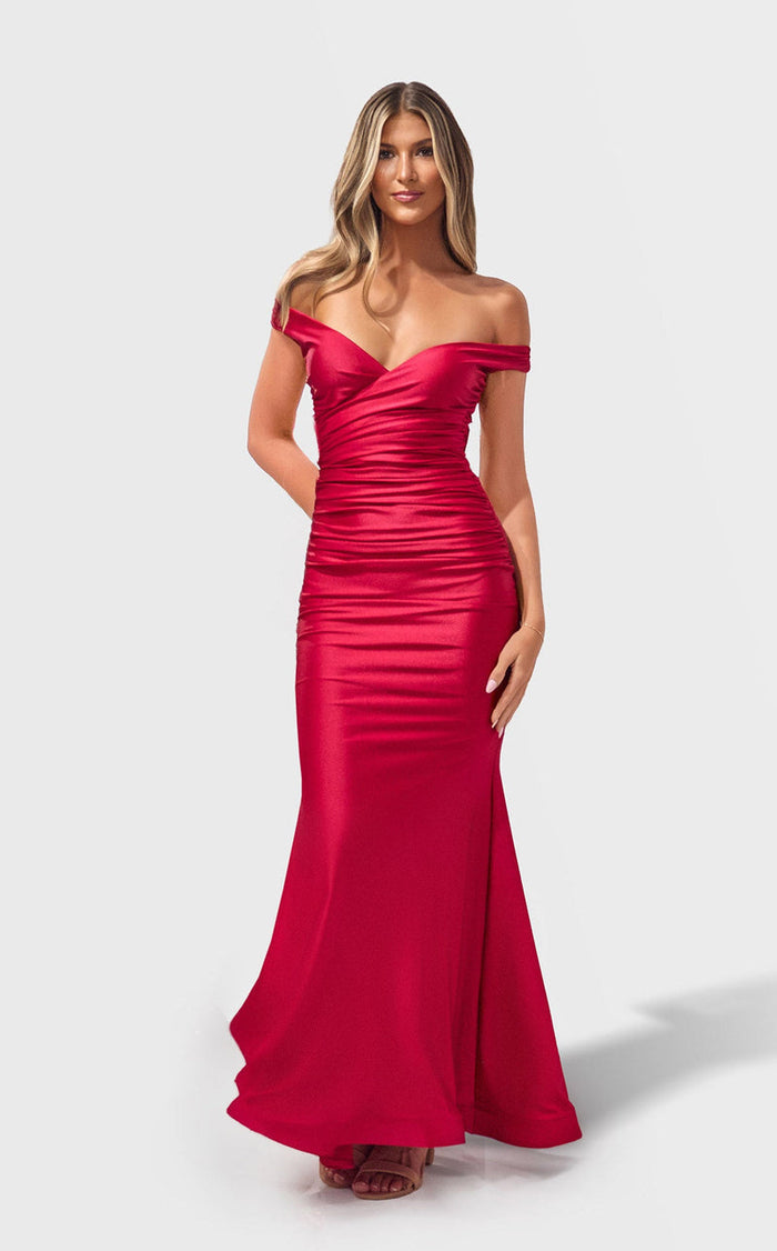 Jessica Angel JA2768 Off-Shoulder V-Neck Fitted Prom Formal Floor-Length Satin Dress