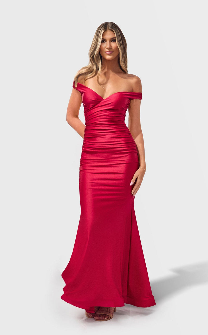 Jessica Angel JA2768 Off-Shoulder V-Neck Fitted Prom Formal Floor-Length Satin Dress