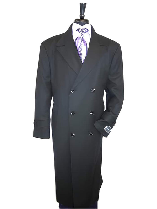Mens Black Overcoat - Jet Black Double Breasted 100% Wool Button Closure Overcoat - Mens Topcoat