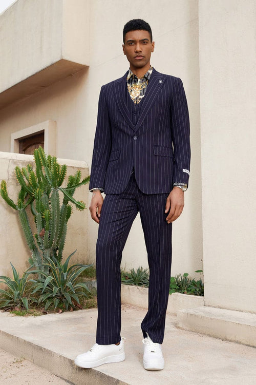 "Stacy Adams Men's Modern Vested Suit - One Button, Midnight Purple Pinstripe"
