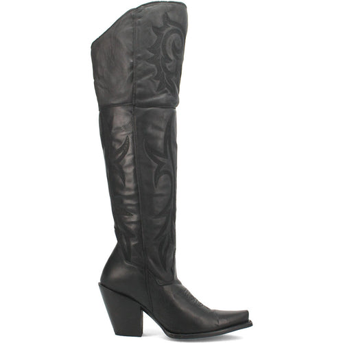 Dan Post Jilted Black 20 Snip Toe Over-the-Knee Zipper Boot. Black leather with smooth finish, decorative stitching, and western patterns. Snip toe, angled heel, side zipper. Tall design extends over the knee.