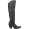 Dan Post Jilted Black 20 Snip Toe Over-the-Knee Zipper Boot. Black leather with smooth finish, decorative stitching, and western patterns. Snip toe, angled heel, side zipper. Tall design extends over the knee.