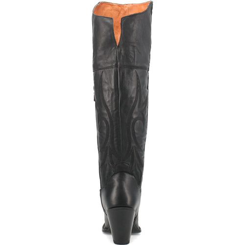 Dan Post Women's Jilted Black over-the-knee boot. Sleek black leather with snip toe and side zipper. Decorative stitching accents the tall shaft. Features a tapered heel, tan lining.
