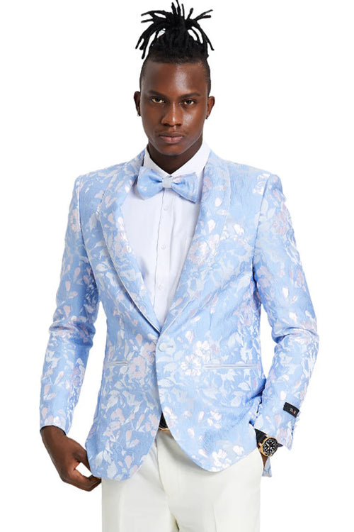 Men's slim fit sky blue & silver paisley foil print tuxedo dinner jacket for prom & wedding