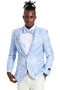 Men's slim-fit sky blue tuxedo jacket with silver paisley foil print. Features peaked lapels, two pockets, and a tailored silhouette. Lightweight, textured fabric and long sleeves with single-button closure.

