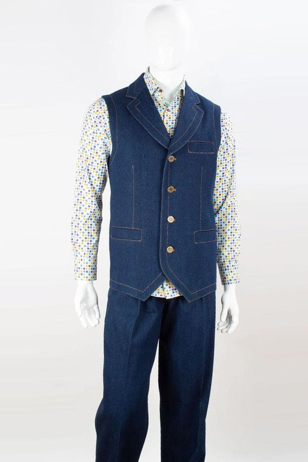 "Blue Denim Vest and Pant Set for Men - Notch Lapel Double Breasted"