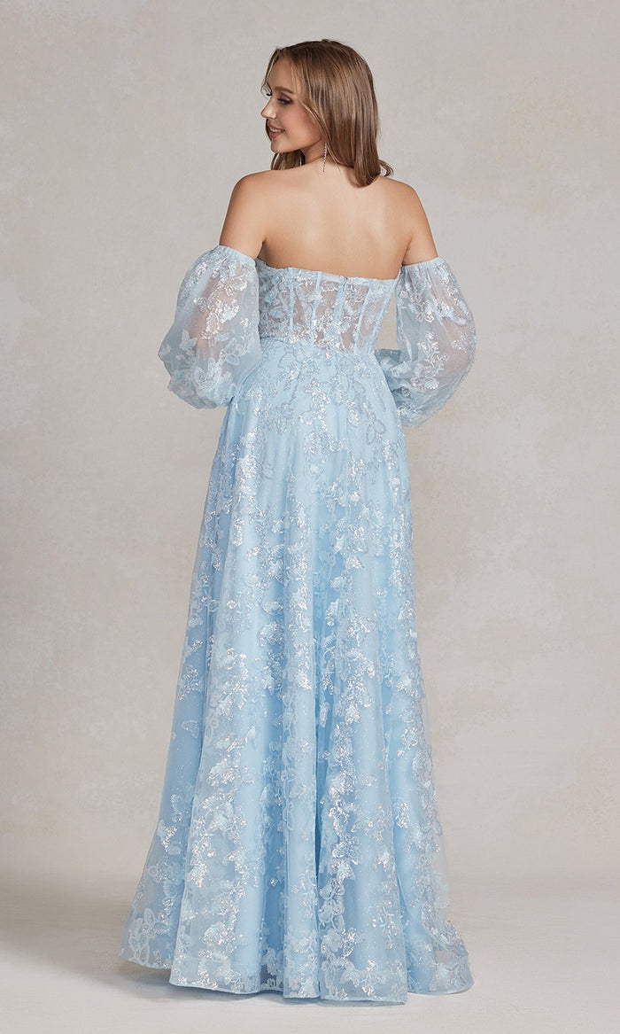 Nox Anabel K1155 Puff-Sleeve Sheer Bodice Long Prom Dress