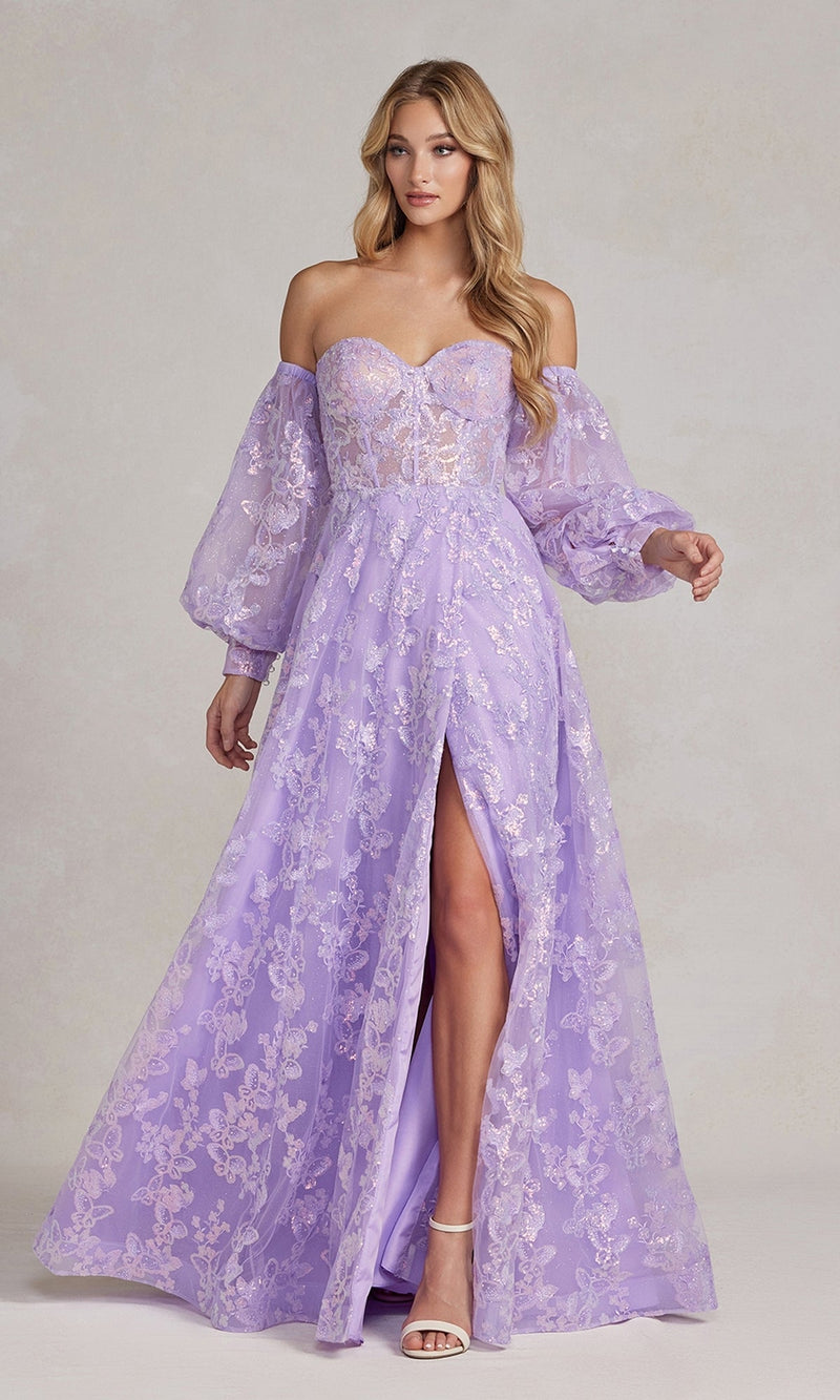 Nox Anabel K1155 Puff-Sleeve Sheer Bodice Long Prom Dress