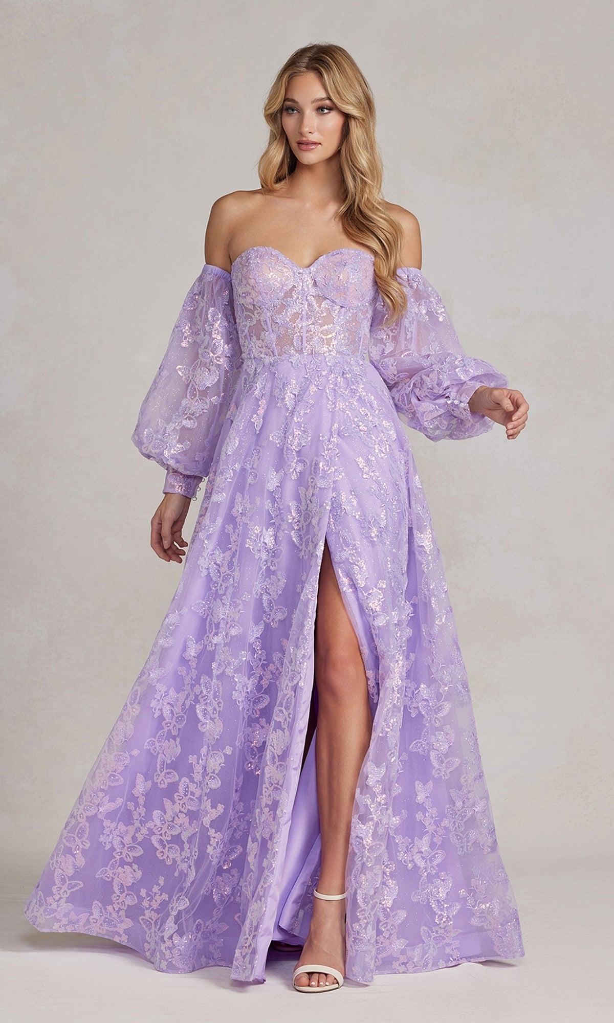 Nox Anabel K1155 Puff-Sleeve Sheer Bodice Long Prom Dress