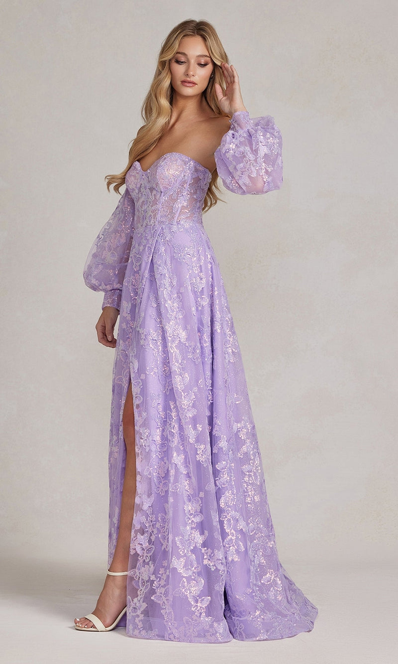 Nox Anabel K1155 Puff-Sleeve Sheer Bodice Long Prom Dress