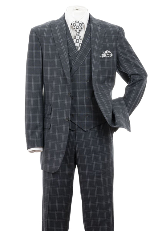 "Grey Windowpane Plaid Men's Double Breasted 2 Button Vest Suit"