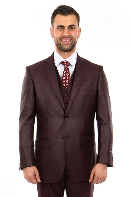 "Burgundy Sharkskin Business Suit - Men's Two Button Vested Style"
