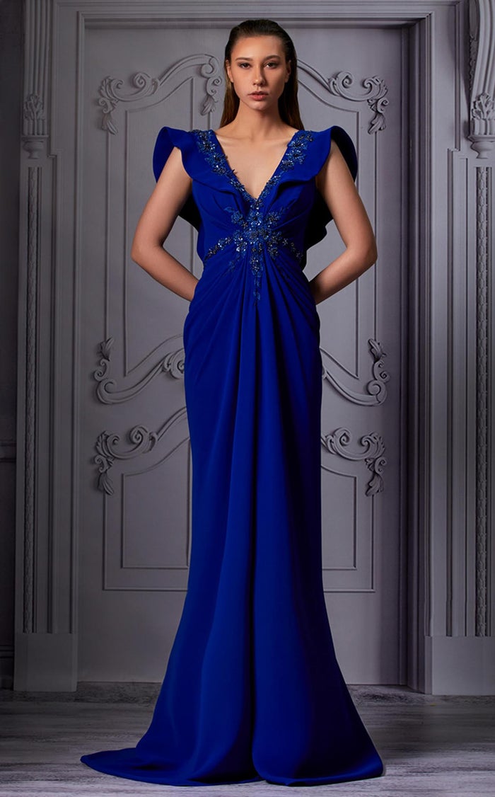 MNM Couture K3844 Royal Blue V-Neck Column Gown