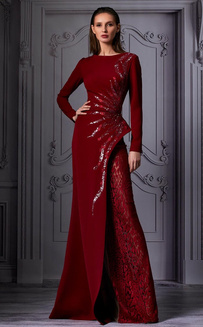 MNM Couture K3850 Burgundy High Neck Column Gown