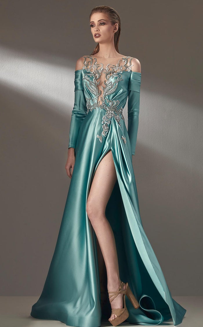 MNM Couture K3886 Aqua Illusion Bateau Gown with Slit
