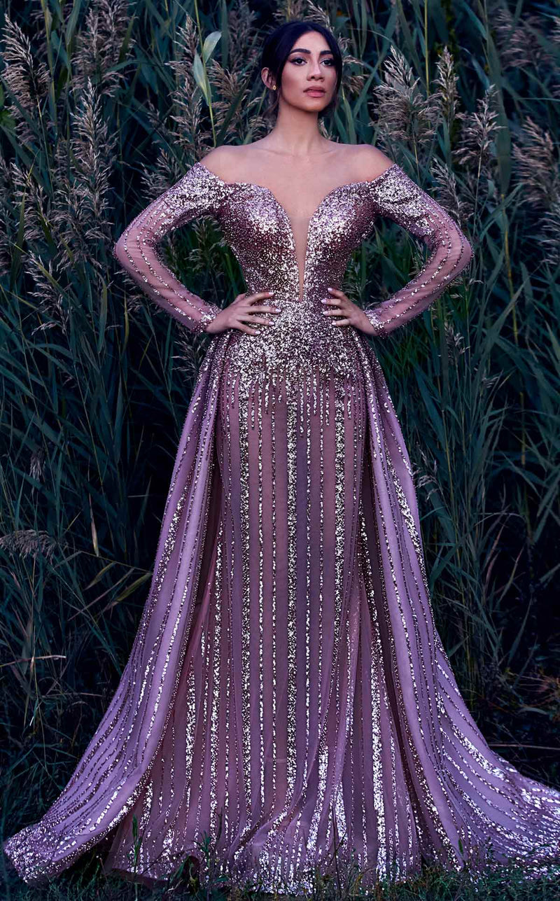 MNM Couture K3913 Pink Sequined Evening Gown with Sheer Sleeves