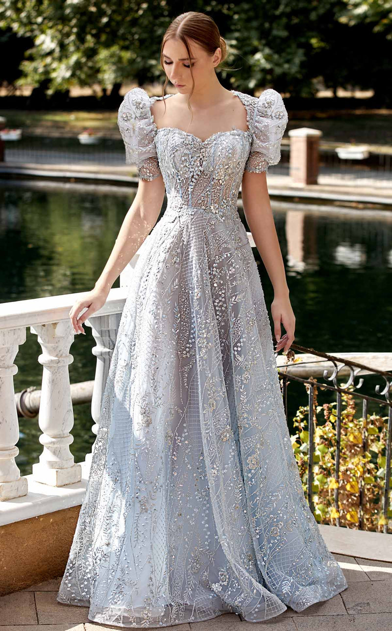 MNM Couture K3921 Blue Embellished Gown with Sheer Puffy Sleeves