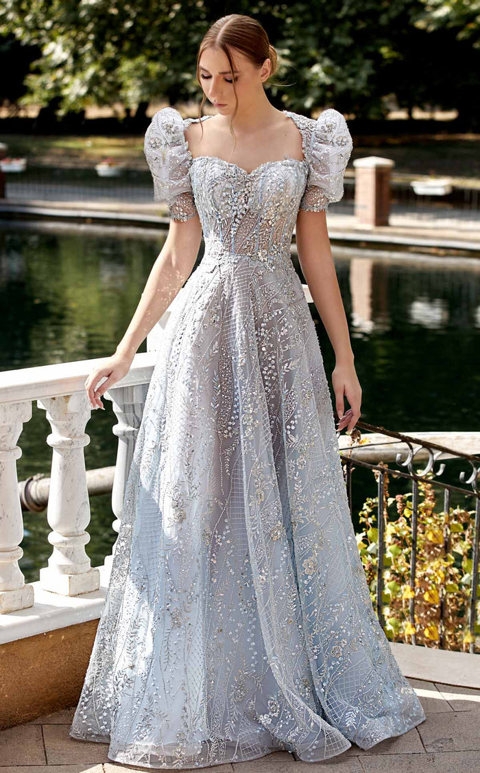 MNM Couture K3921 Blue Embellished Gown with Sheer Puffy Sleeves