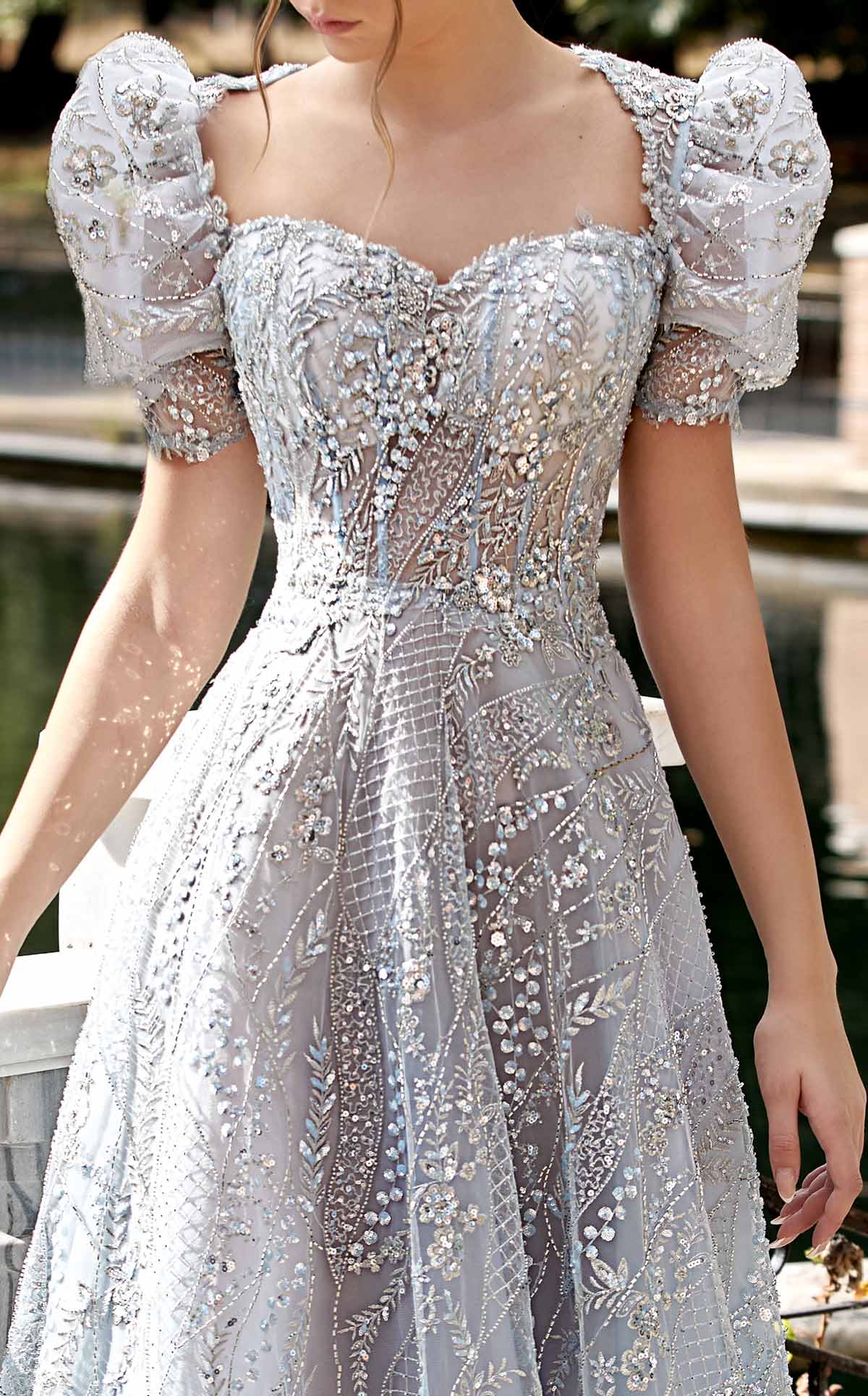 MNM Couture K3921 Blue Embellished Gown with Sheer Puffy Sleeves