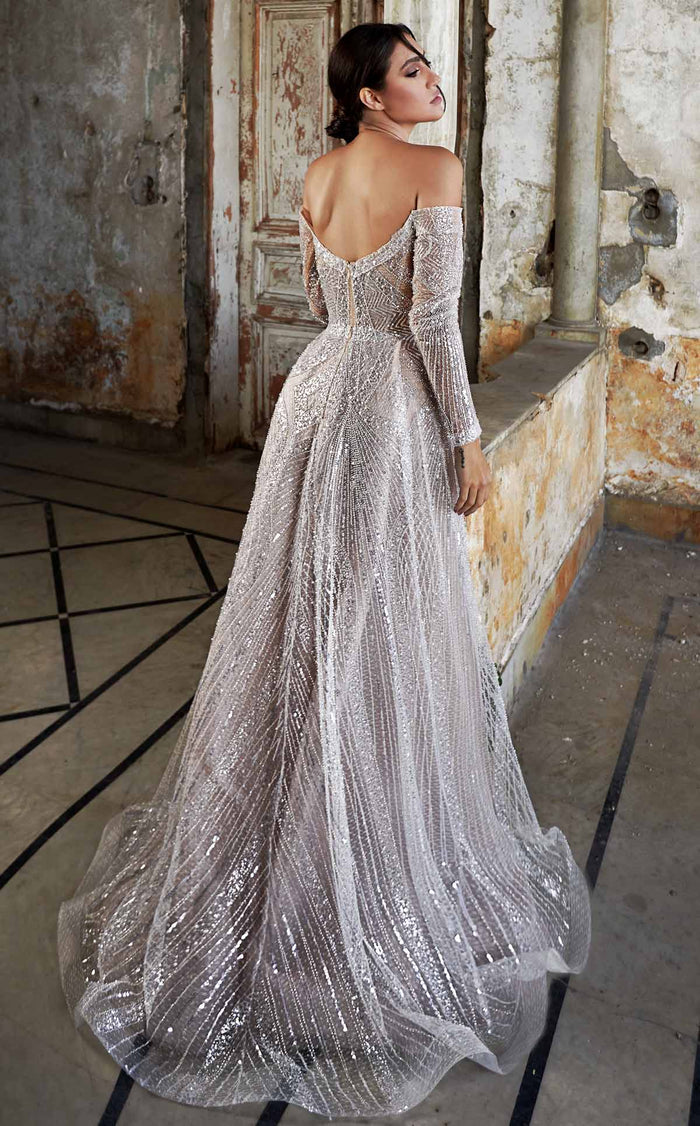 MNM Couture K3950 Beige Off-Shoulder Gown with Embellished Overskirt