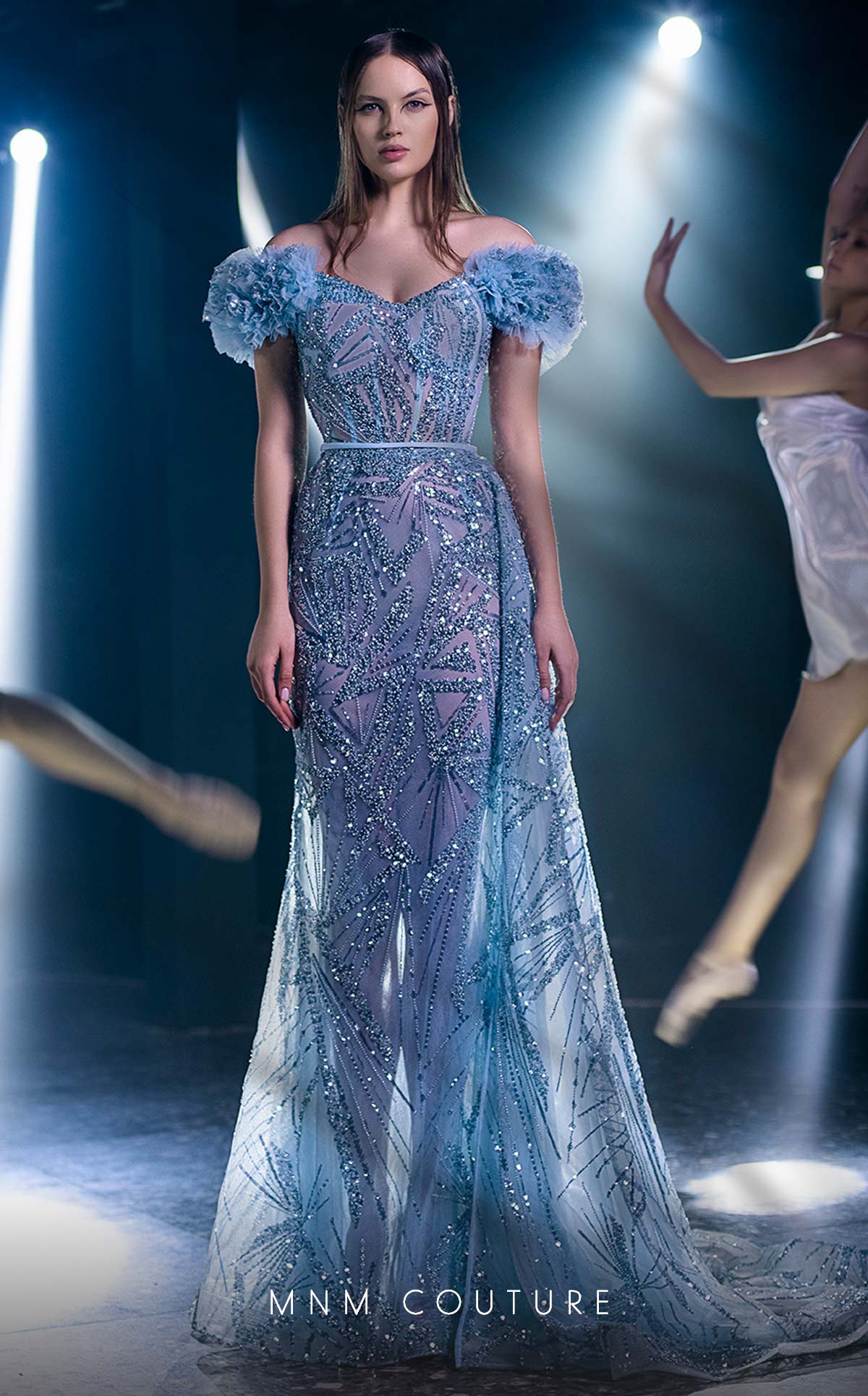 MNM Couture K3963 Blue Off-Shoulder Floral Sleeve Gown