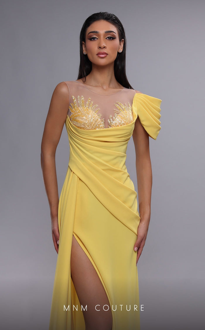 MNM Couture K4085 Fuchsia Off-Shoulder Gown with Beading & Slit