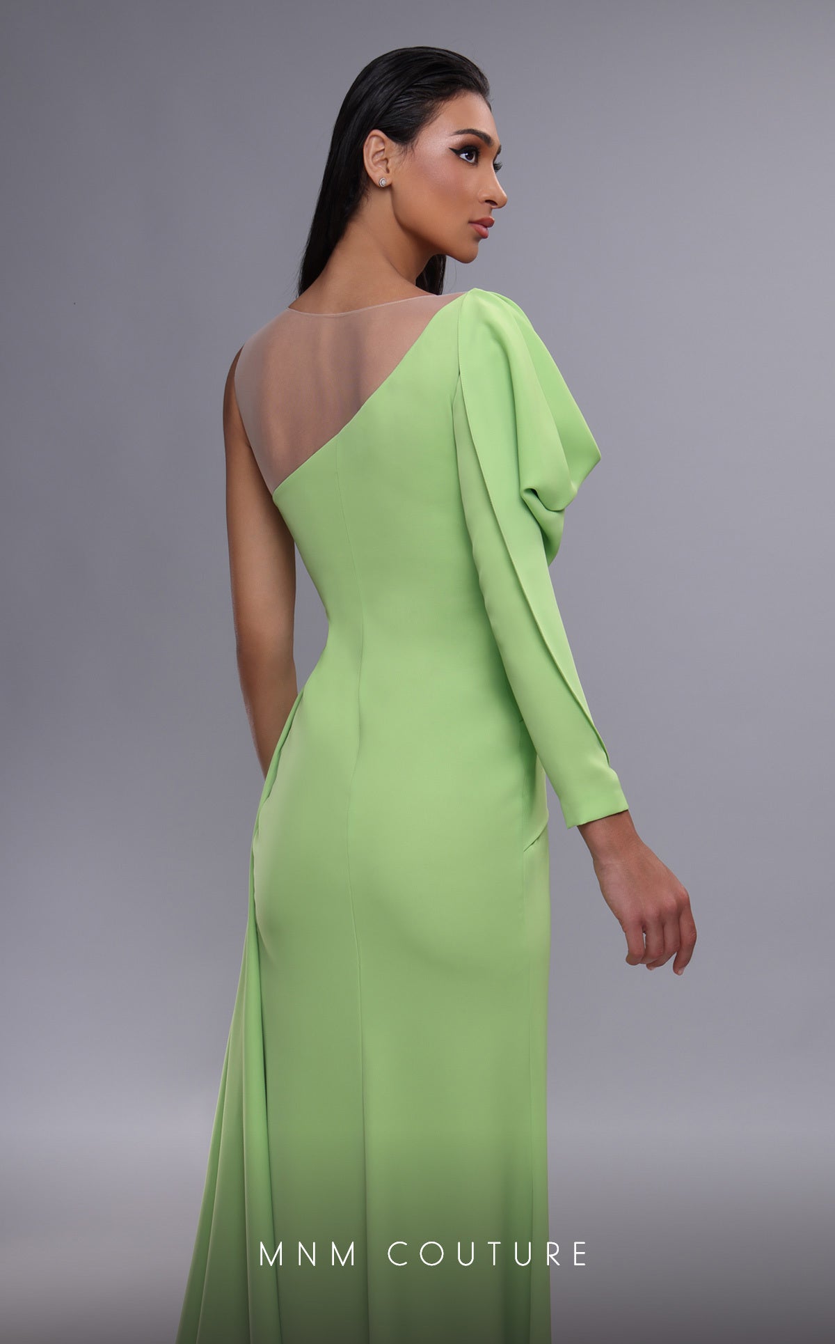 MNM Couture K4086 Orange Gown with Draped Puff Sleeves & High Slit