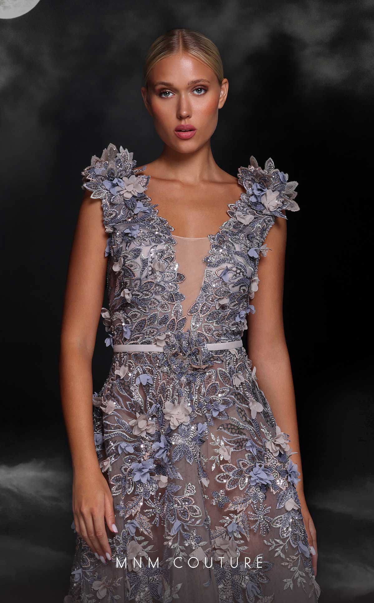 MNM Couture K4106 Grey A-Line Gown with 3D Floral Detailing