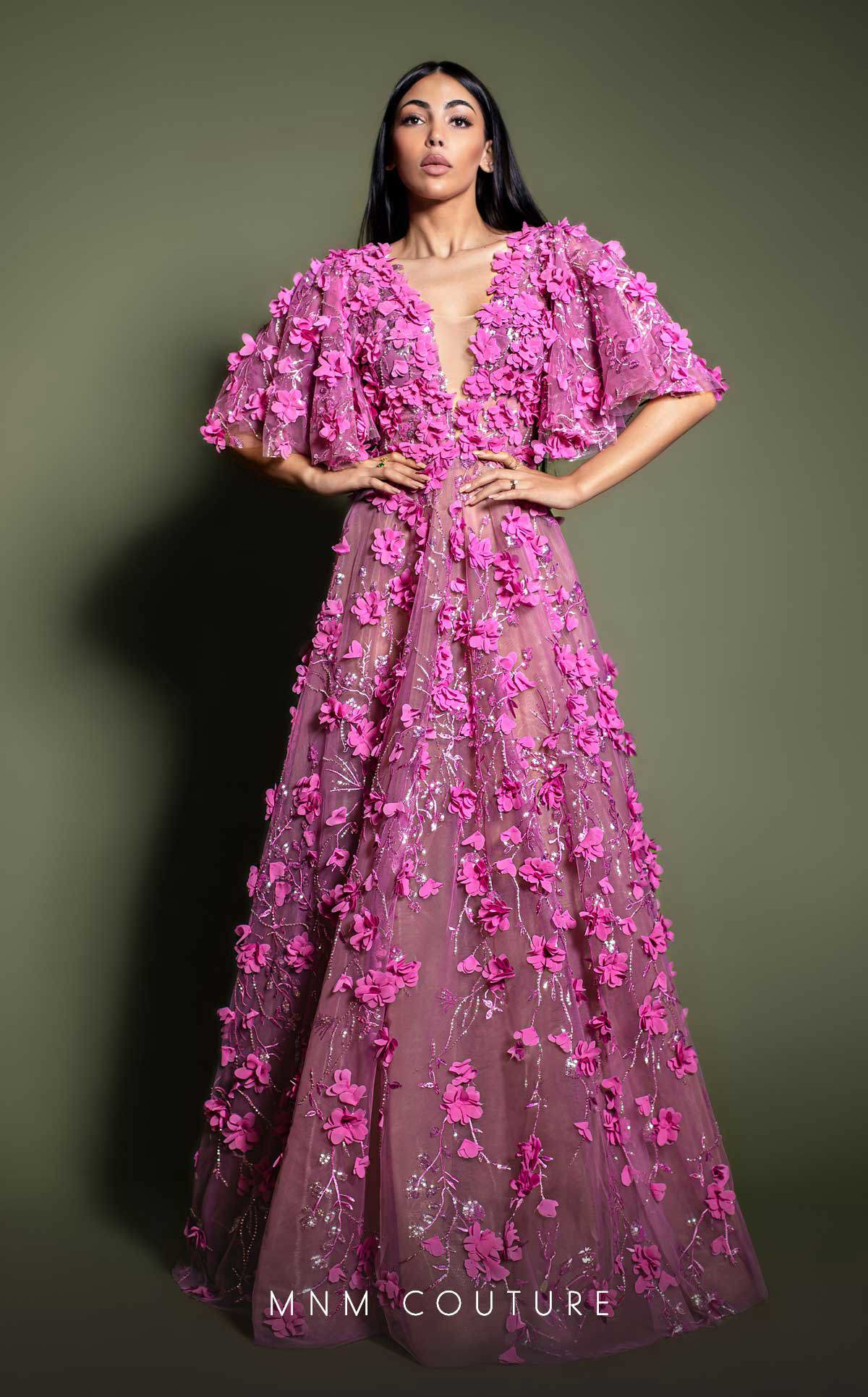 MNM Couture K4198 Fuchsia Floral Appliqué Gown