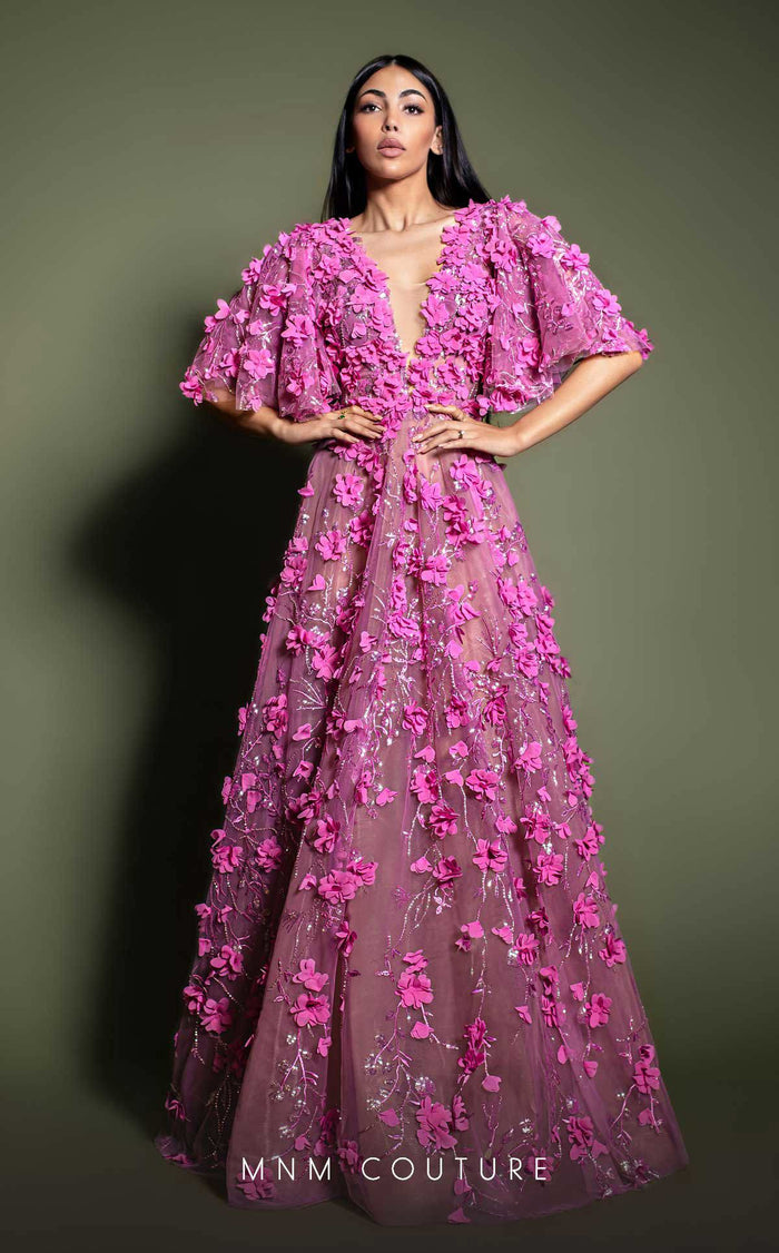 MNM Couture K4198 Fuchsia Floral Appliqué Gown