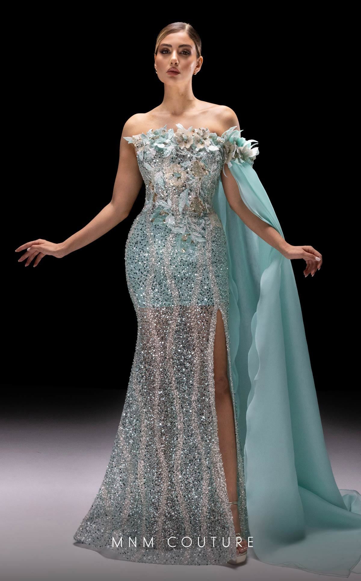 MNM Couture K4221 Aqua Off-Shoulder Evening Gown