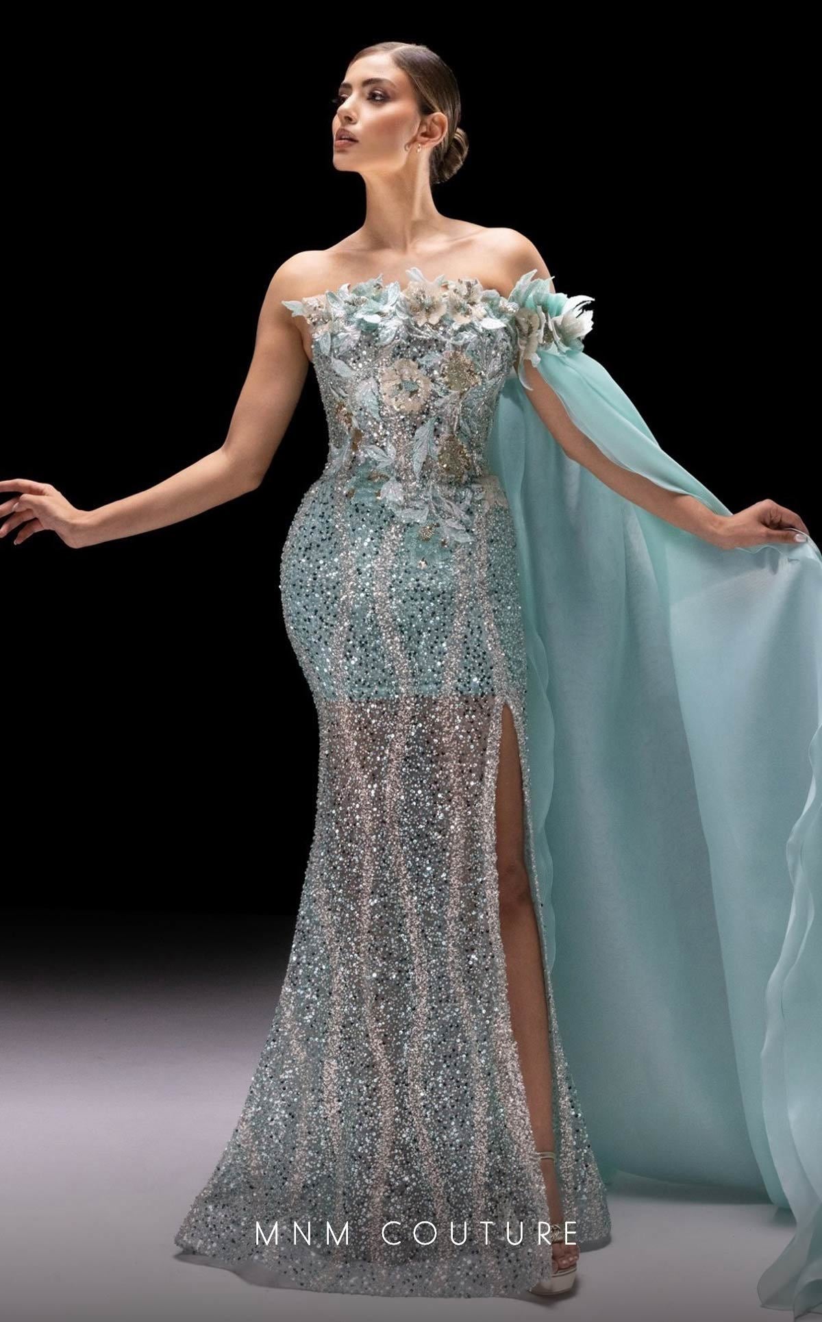 MNM Couture K4221 Aqua Off-Shoulder Evening Gown
