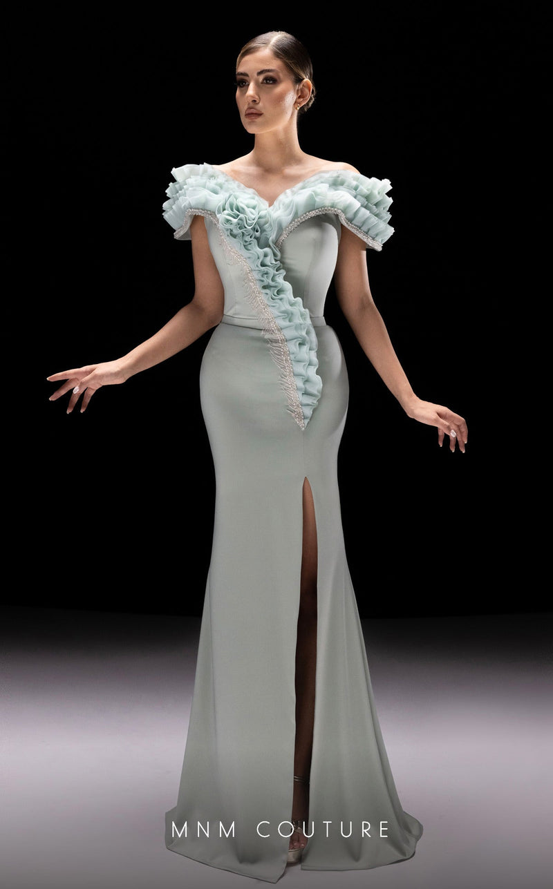MNM Couture K4228 Aqua Off-Shoulder Evening Gown