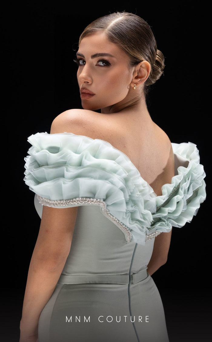 MNM Couture K4228 Aqua Off-Shoulder Evening Gown