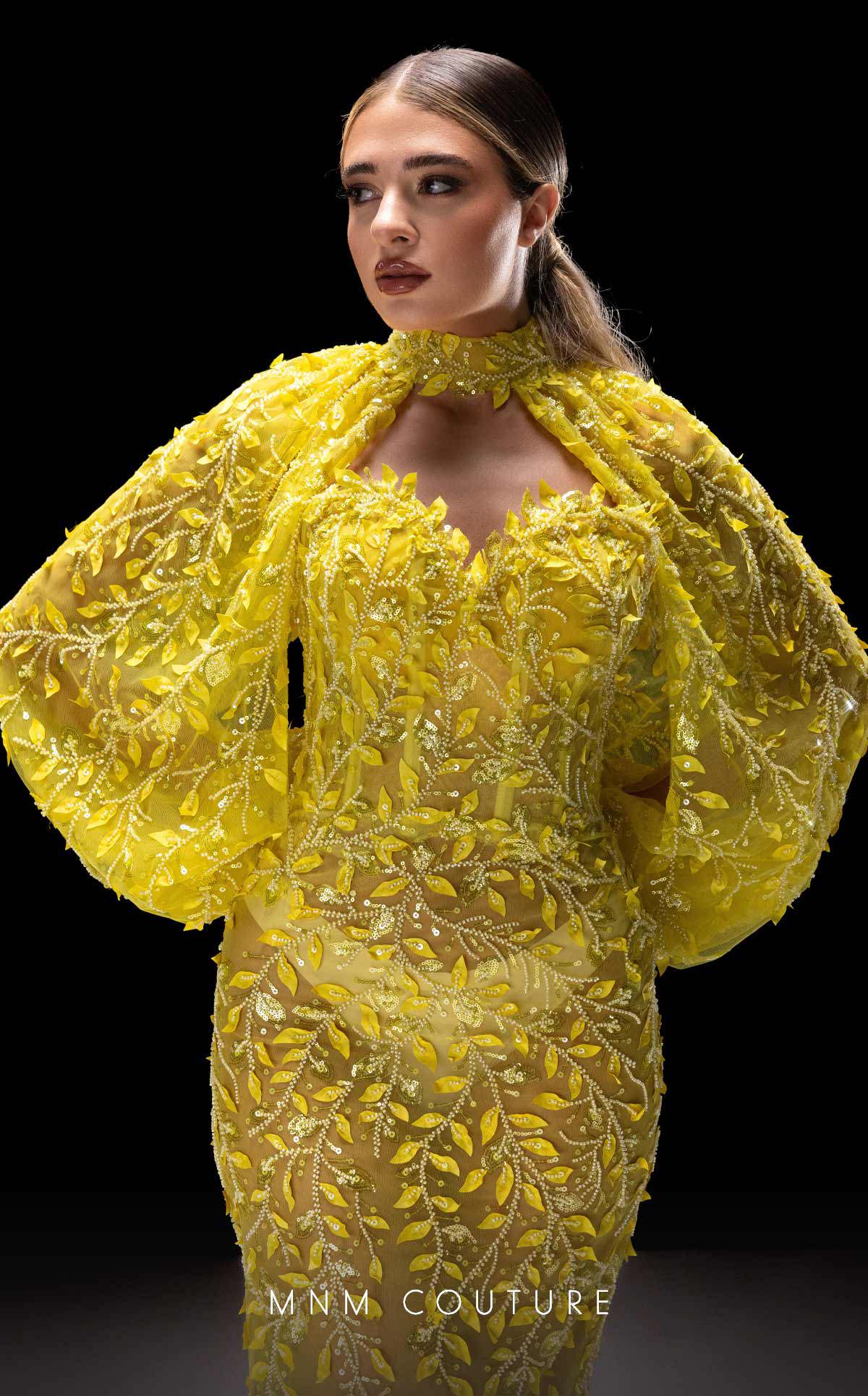 MNM Couture K4231 Pistache Beaded Mesh Gown with Bishop Sleeves