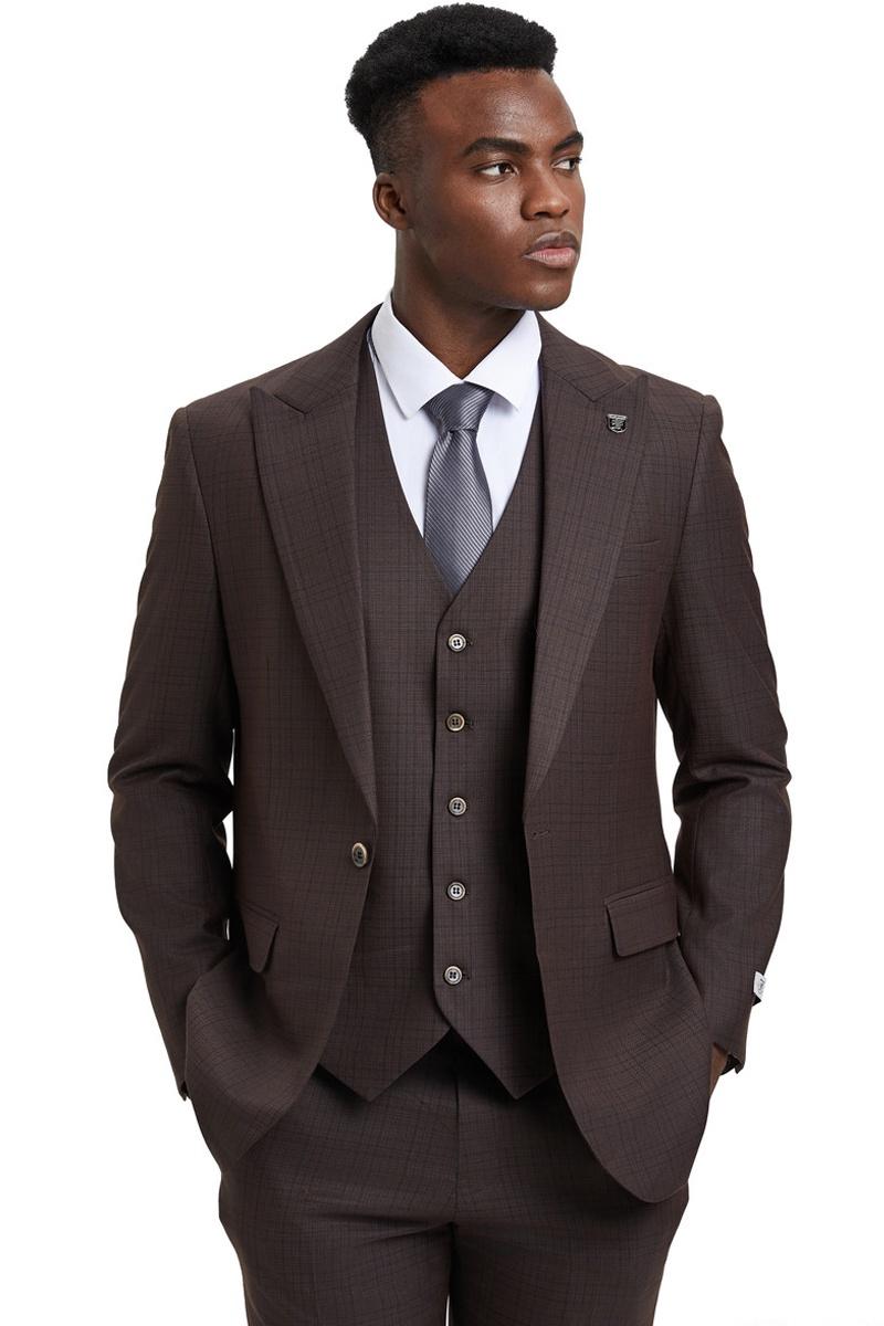 Stacy Adams men's vested suit. One-button closure, wide peak lapels, and brown windowpane plaid. Includes matching multi-button vest. Woven fabric with a refined texture.
