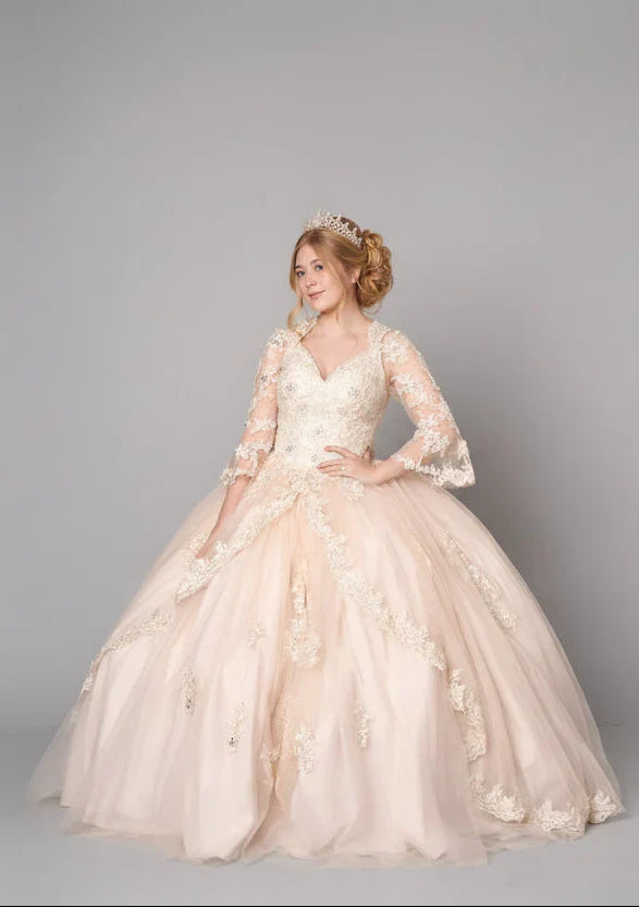 Lace 3/4 Bell Sleeve Quinceanera Dress Embroidered Ball Gown by Calla KY-70029