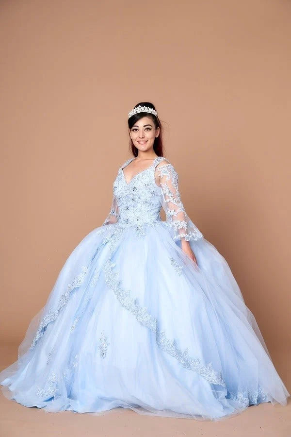 Lace 3/4 Bell Sleeve Quinceanera Dress Embroidered Ball Gown by Calla KY-70029