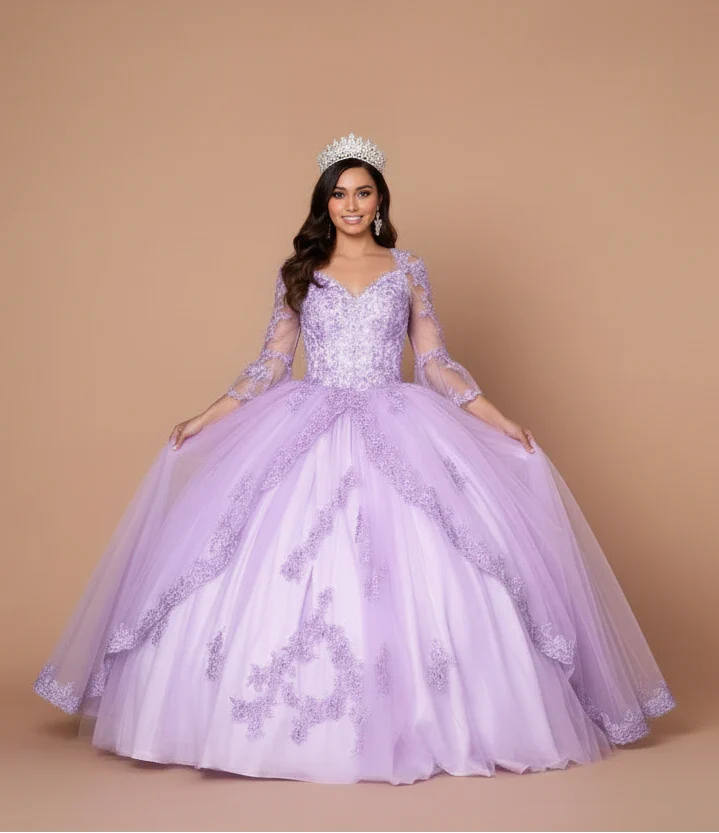 Lace 3/4 Bell Sleeve Quinceanera Dress Embroidered Ball Gown by Calla KY-70029