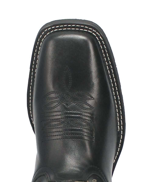 Laredo Men's Kane boot: Black leather, square toe, and floral embossed toe design. Features decorative stitching and white contrasting edge stitching.
