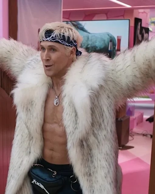 Men's luxury white fur coat features an open front design with visible fur cuffs. The coat displays a textured appearance with a cream-colored base and darker fur patterns throughout.