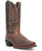 Laredo Kent men's boot with pointed toe, high shaft, and textured leather. Brown upper with black/red stitching. Stacked heel, smooth outsole. Decorative pattern.
