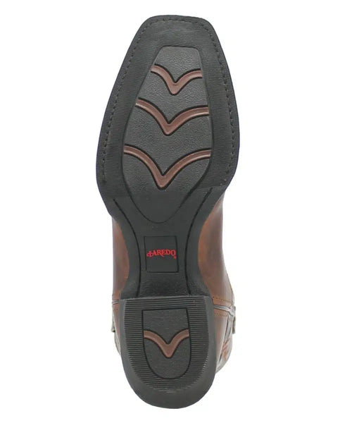 Laredo Men's Kent boot. Brown leather upper with stitching. Rubber outsole and distinctive tread for traction. Stylish and functional design.
