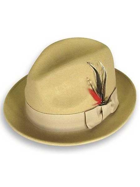 Men's khaki fedora with trilby shape, 100% wool. Satin band and decorative feathers accent the side. Classic dress hat.