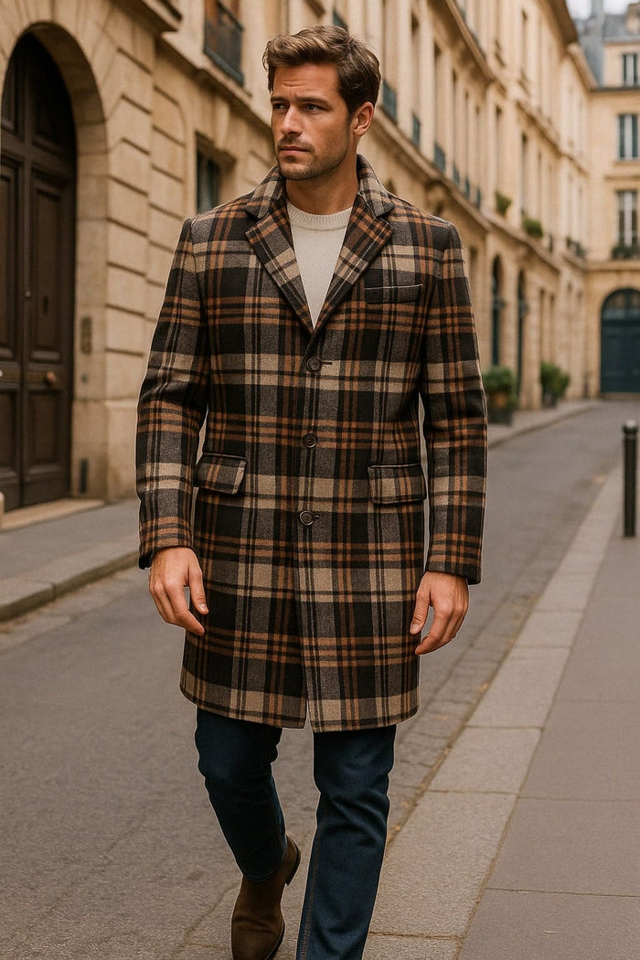 Mens Plaid Wool Overcoat haki and Brown and Cream Check Pattern Winter Coat