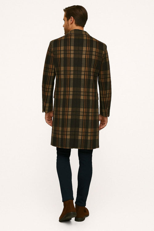 Mens Plaid Wool Overcoat â€“ Khaki and Brown and Cream Check Pattern Winter Coat