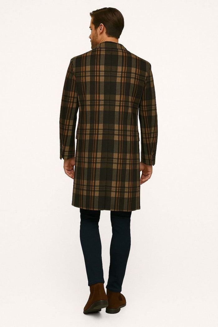Mens Plaid Wool Overcoat haki and Brown and Cream Check Pattern Winter Coat