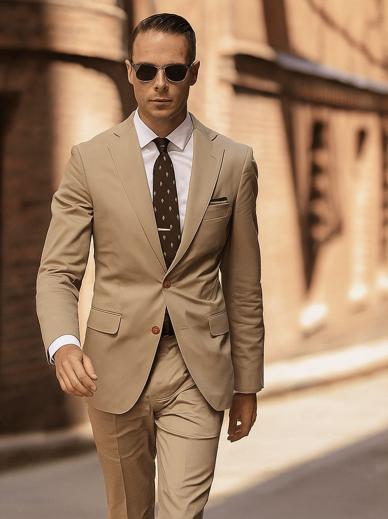 Khaki cotton suit: single-breasted blazer with two pockets & tailored trousers. Lightweight, smooth texture, solid khaki color. Brown button details. Ideal for warm weather.
