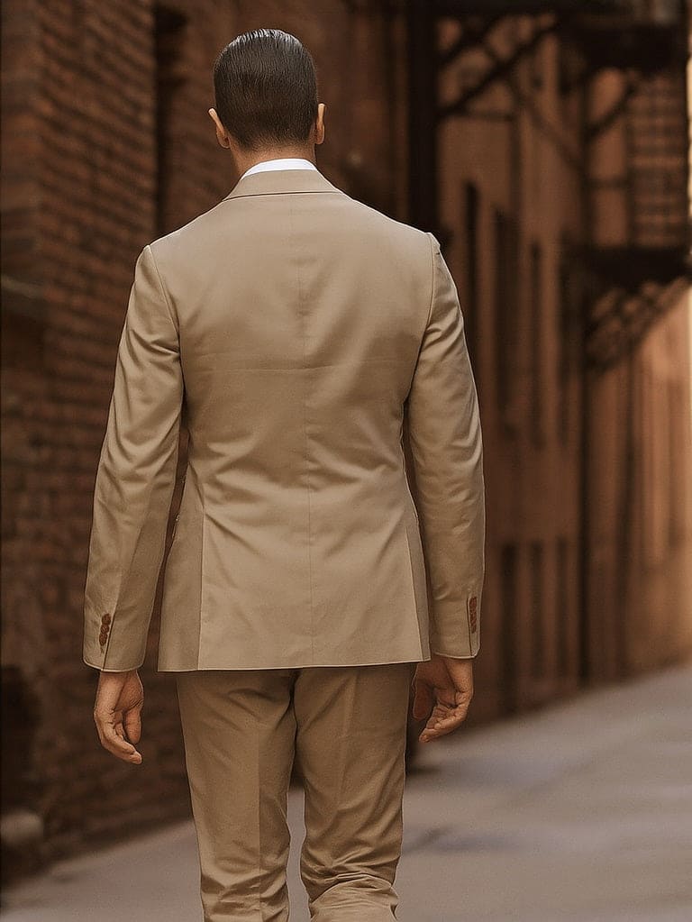 Men's khaki cotton suit: Tailored jacket (single vent) & tapered trousers. Buttoned cuffs. Uniform light khaki color. Classic and versatile.
